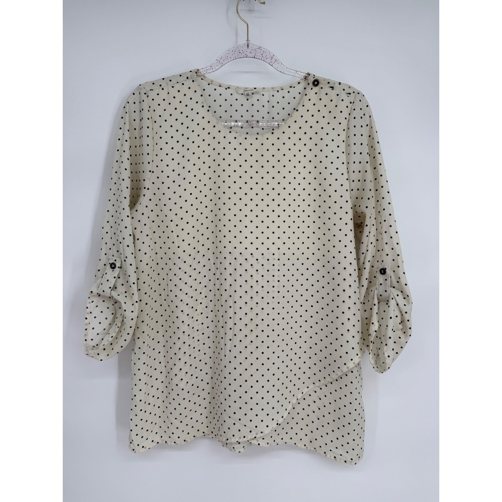 Maurices Cream Black Polka Dot Lightweight 3/4 Sleeve Roll Tab Blouse Women Sz M